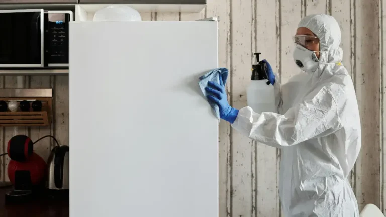 Person in protective suit, mask, glasses and gloves using a spray and cloth to clean the exterior of a fridge